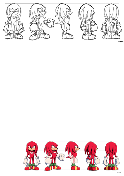 Character sheet showing Knuckles the Echidna from Sonic the Hedgehog. Features different poses and angles of the character.