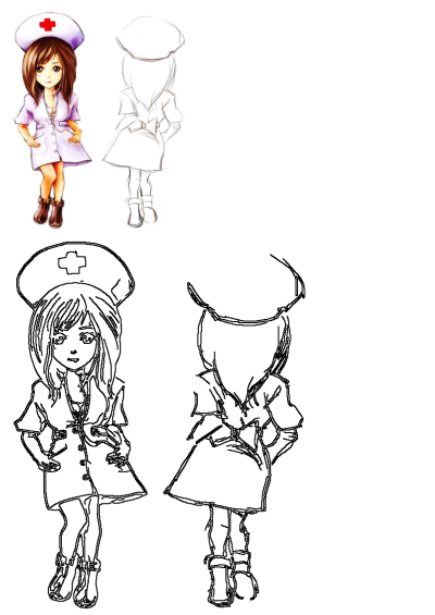 Cartoon drawing of a cute nurse character in front and back view, wearing a nurse hat, dress, and boots, with a stethoscope around her neck.