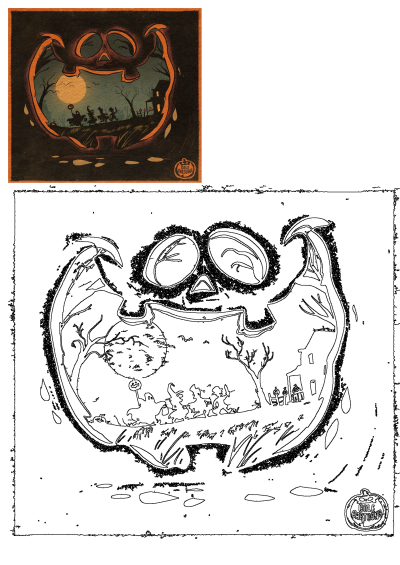 an image of a creepy halloween scene with pumpkins and bats in the window frame