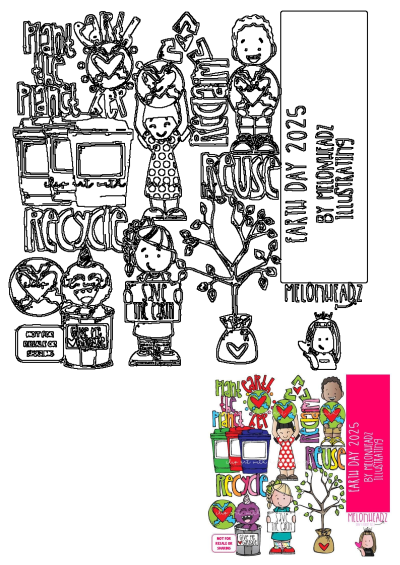 A group of people standing around a tree, promoting Earth Day 2025, recycling, reusing, and planting, with colorful clip art style and cute illustrations.