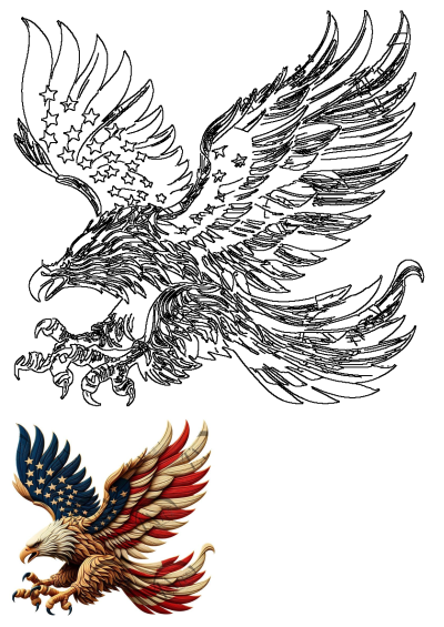 Patriotic eagle with wings in red, white, and blue hues. This majestic eagle features the American flag colors for a symbol of freedom.