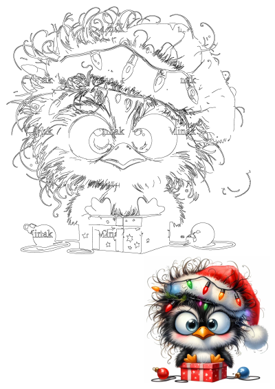 Adorable penguin wearing a santa hat adorned with colorful christmas lights. The cute penguin has big eyes and sits atop a gift box.