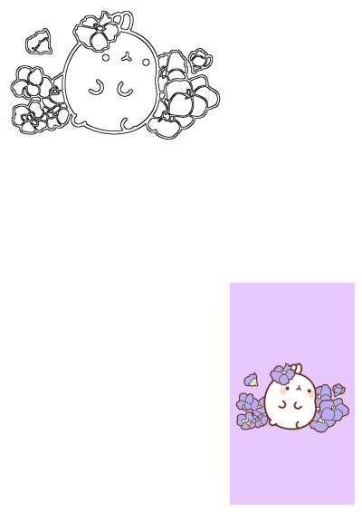 Cute cartoon image of Molang the rabbit with purple violets. Adorable illustration for backgrounds and designs with a sweet pastel color.