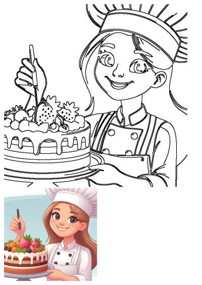 Cartoon of a woman chef holding a cake decorated with strawberries and blueberries, wearing a chef's hat and apron, ready to serve.