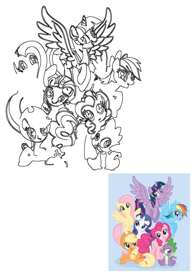 Many little ponies and Spike are standing together in a group. A colorful gathering of friendship in My Little Pony cartoon.