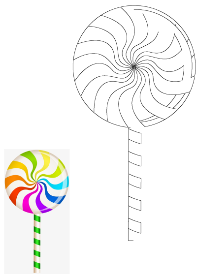 Colorful lollipop with rainbow swirl design and a green striped stick. Perfect sweet treat! 