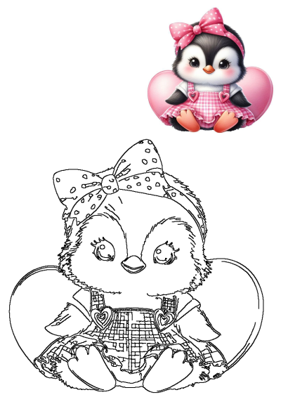 Charming image of a cute penguin with pink bow and dress sitting on pink heart. Adorable illustration for a Valentine's Day or baby themed project.