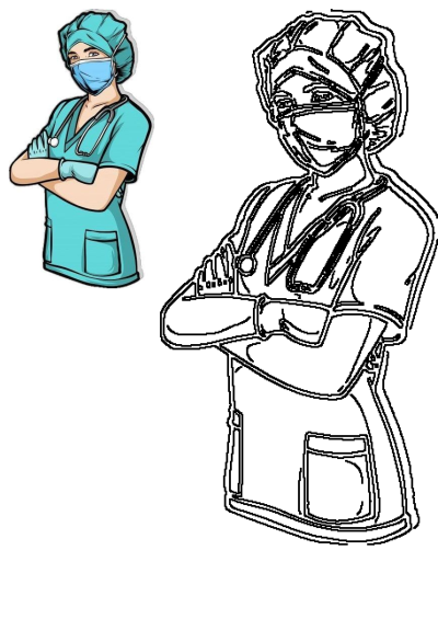 Cartoon image of a female nurse in surgical cap, mask, gloves, and stethoscope with crossed arms. Healthcare professional in uniform.