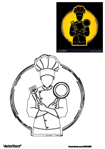 Chef graphic with chef's hat, holding a spatula and pan in front of a yellow circle, perfect for culinary arts websites or menus.