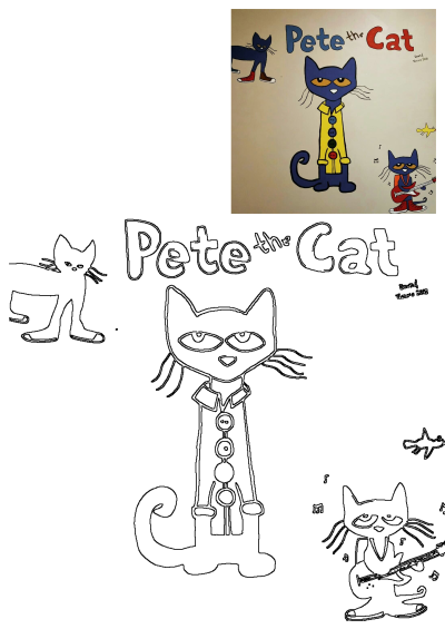 Drawing of Pete the Cat and other cats on the wall. Colorful illustration of Pete the Cat playing guitar and wearing buttons. Fun kids decor.