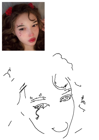 Close-up of a girl with unique devil-themed makeup and red flower hair clips. Brown curly hair frames her face, making her distinctive look.