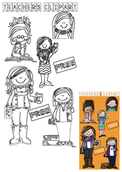 Orange poster showcasing teachers clipart with some girls holding signs that say 'FREE'. Fun illustrations for educational resources.