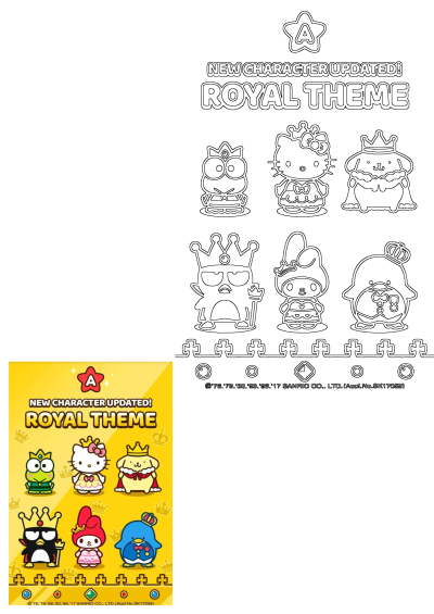 The new character updated royal theme for Hello Kitty and other cartoon characters is shown, including Hello Kitty, Keroppi, and others.
