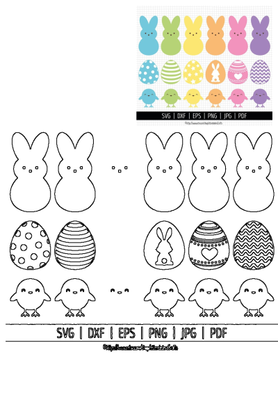 A collection of colorful Easter cliparts featuring bunnies, chicks, and eggs in various shapes and sizes, perfect for Easter crafts and decorations.