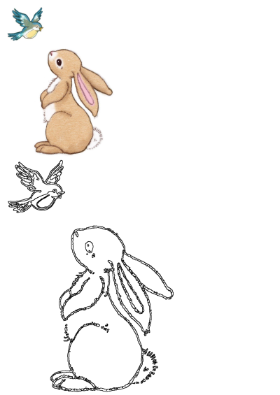 Cute illustration of a bunny rabbit looking up at a bluebird flying in the sky. The bunny is brown and the bird is blue and yellow.