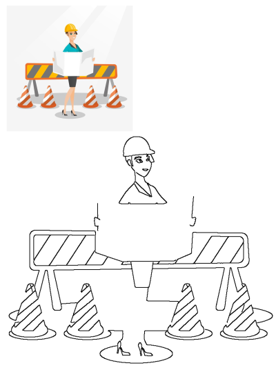 A woman in a hard hat standing at barricades reading a paper. The engineer is reviewing a blueprint at a construction site.