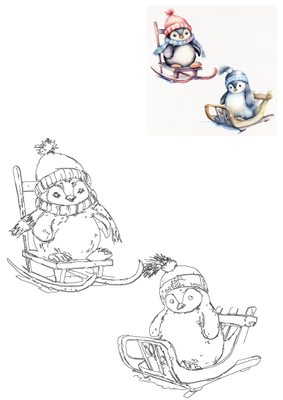 Watercolor image of two penguins on sleds. One penguin wears a knitted hat and scarf, adding a touch of winter warmth to this delightful scene.