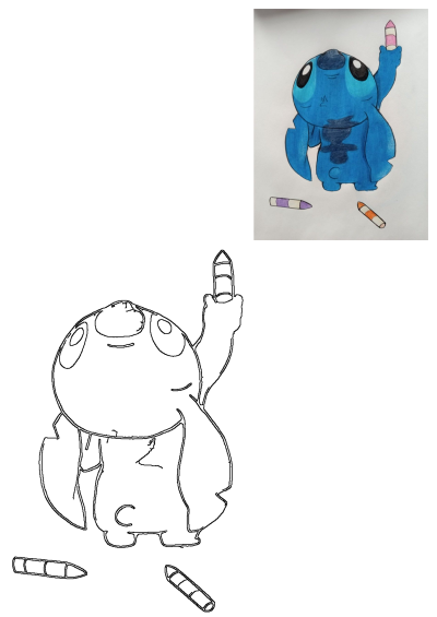 A drawing of a blue Stitch cartoon character holding a pink pencil and pointing to the left, with other pencils lying on the paper.