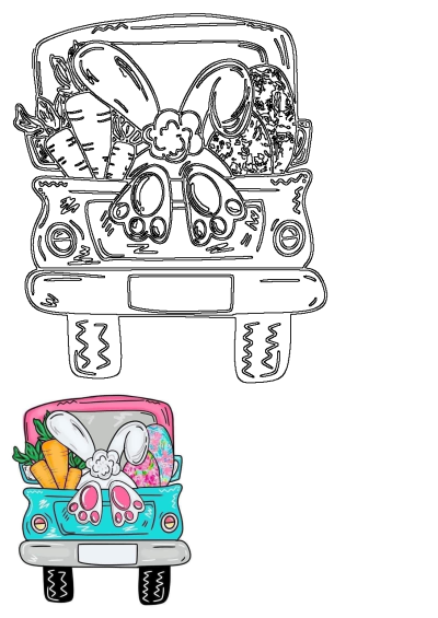 Cute Easter illustration showing a bunny in a truck filled with carrots and colorful Easter eggs, perfect for Easter celebrations. 