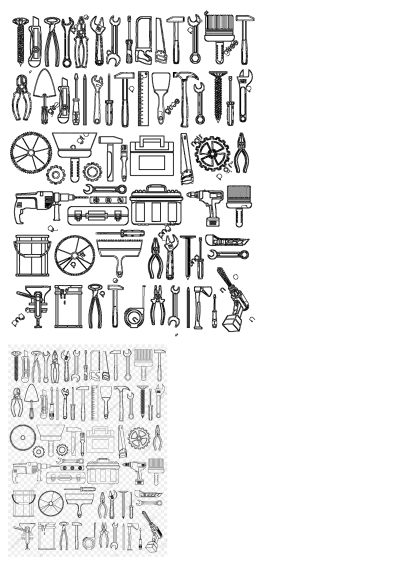 Line art drawing of various tools for repair and maintenance, including wrenches, hammers, saws, pliers, drills, paintbrushes, and toolboxes.
