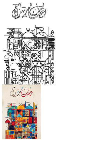 Colorful arabic calligraphy with "Ramadan Mubarak" on a geometric illustration of mosque-like structures. A vibrant and festive image.