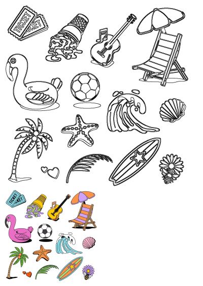 Beach icons set on white background: Flamingo, guitar, wave, star, ticket, ice cream, shell, ball, chair and more. Vector illustration.