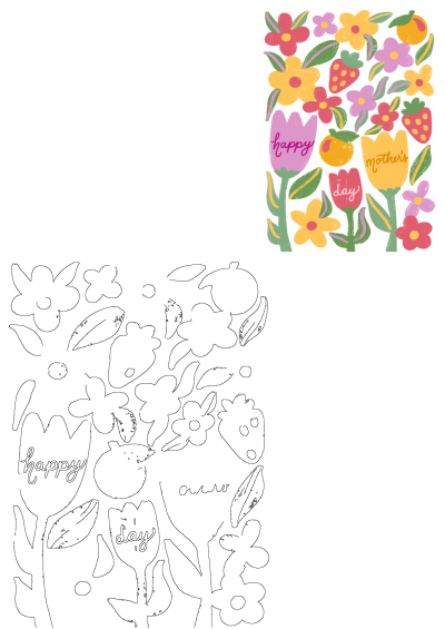 Happy Mother's Day card with flowers, strawberries, and oranges. The image features a colorful and cheerful design for Mother's Day. 