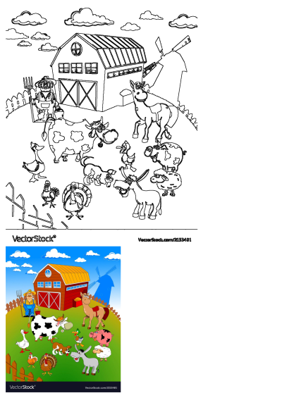 Cartoon image of happy farm animals like cow, horse, pig, sheep, goose and donkey. The barn and windmill create a scenic farm background with chickens.