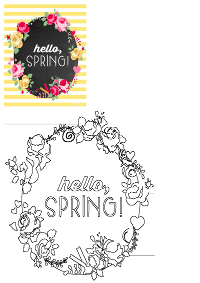 Hello spring written on a blackboard surrounded by pink and yellow flowers with green leaves. Cheerful spring illustration.