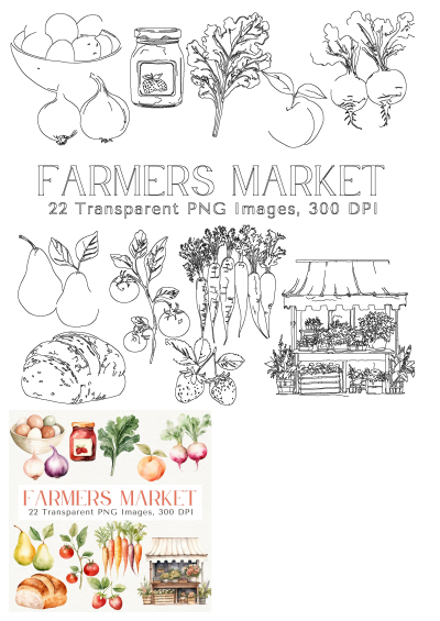 Farmers market watercolor clipart PNG image, featuring fresh produce, bread, flowers, and eggs. 300 DPI image for commercial use. 