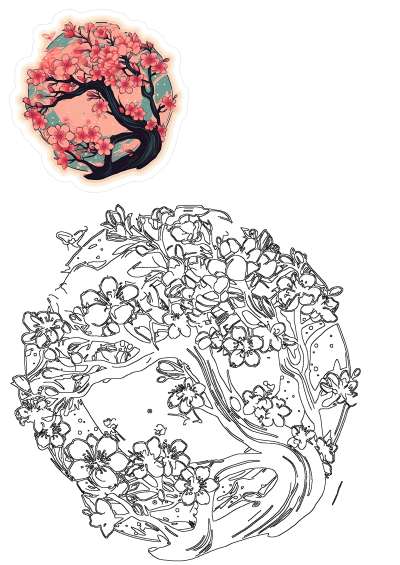 Sakura cherry blossom tree sticker for laptops, Hydro Flasks. Removable, durable, water-resistant vinyl decal of a beautiful night scene.