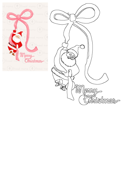 Charming Santa Claus hanging from a pink ribbon, with 'Merry Christmas' text. Includes colored illustration and black line art outline.