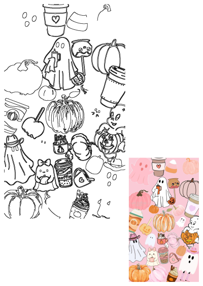 a pink background with lots of different halloween items on the bottom right hand corner, including pumpkins and ghost faces