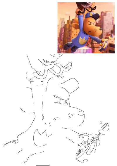 Cartoon character, Dog Man, flying with a camera on his head and holding onto another character's arm while holding a strange device. 