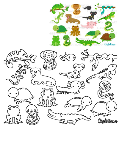 Cute alligators and lizards clipart set featuring a collection of adorable cartoon reptiles, including alligators, lizards, snakes, turtles, and frogs.