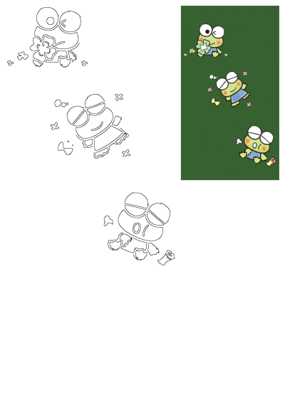 Two cartoon characters are playing with each other. Here three Keroppis in different situations: with a clover, lying down and playing.