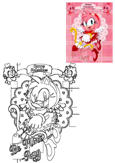 A charming fanart of Amy Rose for Valentine's Day, featuring the phrase 'Be Mine - Amy' on a pink background with hearts.