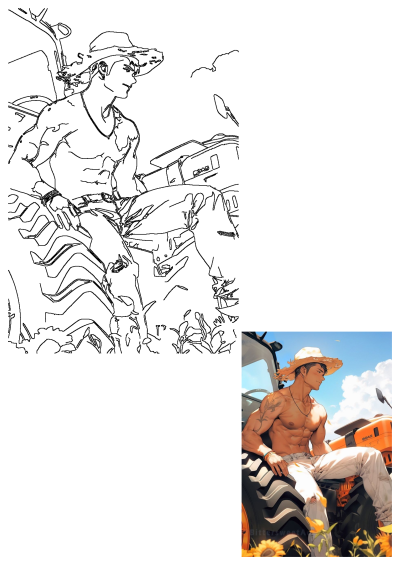 Anime style image of a shirtless man in a straw hat with abs, wearing jeans, on a tractor in a sunflower field on a sunny day.