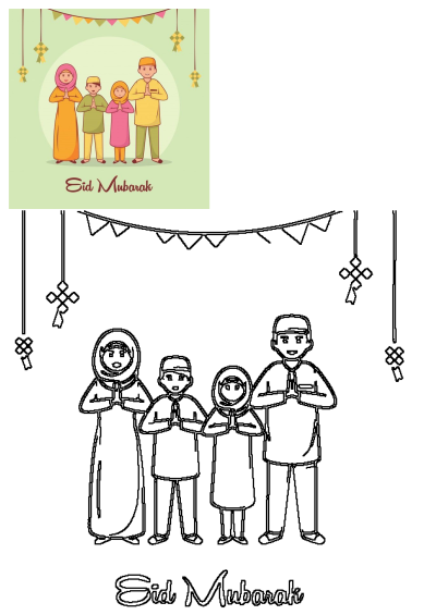 A happy family is celebrating Eid Mubarak. The illustration shows parents and children dressed in traditional Islamic clothing. 