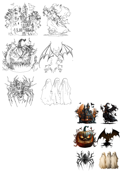 halloween pumpkins and bats with scary houses in the background