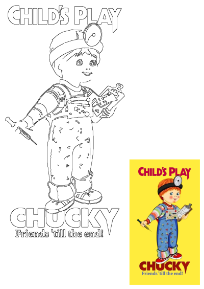 Chucky the doll from Child's Play. Classic horror movie image with Chucky, plus cute stickers and a doctor's outfit.