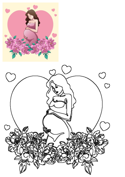 Illustration of a pregnant woman with flowers in front of a pink heart, surrounded by pink hearts. Celebrating motherhood and pregnancy.