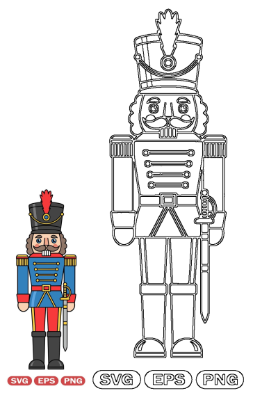 Vector art of a classic nutcracker soldier, featuring a vibrant colored version with blue, red, gold uniform and a clean line art outline.