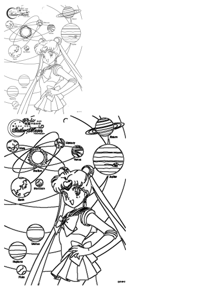 Sailor Moon coloring page featuring the planets and stars in the sky, with the image of Sailor Moon. A fun and educational coloring activity!