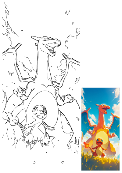 Vibrant illustration of Charizard and Charmander Pokemon. A heartwarming scene of a young Pokemon with its evolved form against a blue sky.