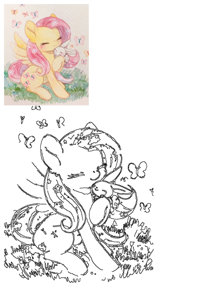 Watercolor painting of Fluttershy, a little pony, tenderly hugging a white stuffed bunny in the grass with delicate butterflies fluttering around.