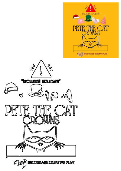 Advertisement for Pete the Cat Crowns, featuring cats and holiday-themed hats. Includes a Christmas hat, St Patrick's Day hat and more.