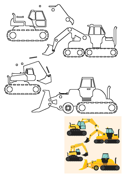 Illustration showcasing four different types of construction vehicles, including an excavator, bulldozer, and loader. Vector image.