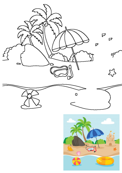 Cartoon beach scene featuring an umbrella, snorkels, starfish, palm trees, sandcastle, and other beach items like shells and swimming gears.