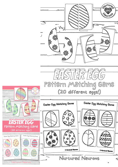 Easter egg pattern matching game for children to play. Printable activity with colorful patterned eggs to match. Fun for computer or print.